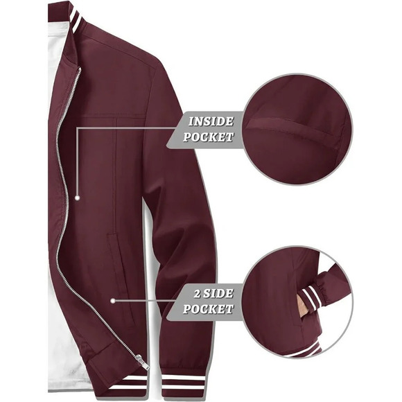 ❤️Men's Bomber Jacket Lightweight Casual Spring Fall Windbreaker Zip Up Coat-Red - Picture 4 of 8